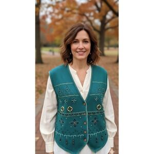 Vintage Lucia Beaded Decorative Stitch Cottagecore Sweater Vest Womens Size XL